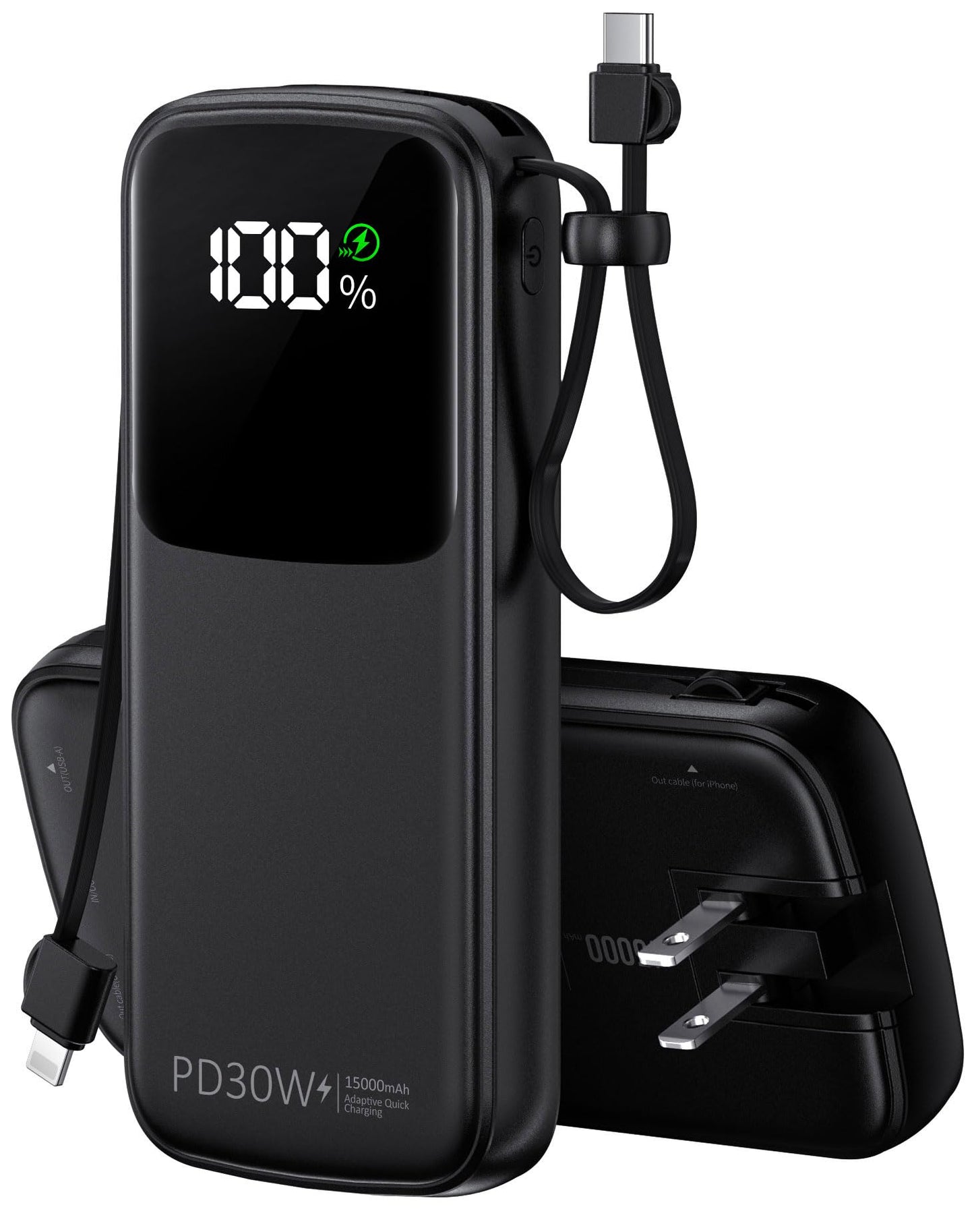 UYAYOHU Portable Charger, Power Bank, 15000mAh Battery Pack Fast Charging Lightweight, Built-in AC Wall Plug and 2 Output Cables with LED Display for iPhone15 14 13 12 11 Samsung iPad etc(Deep Black)