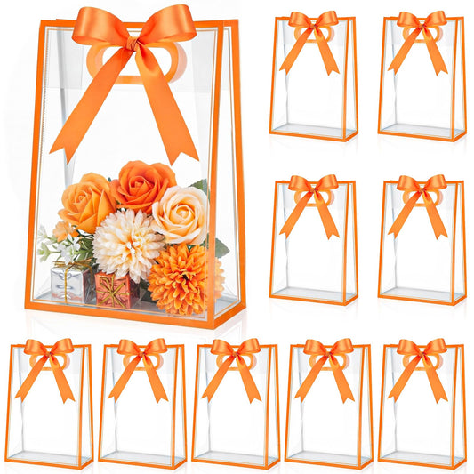 Aliceset 12 Pcs Clear Plastic Gift Bag with Die Cut Handles Reusable PP Favor Bag with Ribbon for Wedding Bridal Birthday Baby Shower Party Small Business, 7x10x3.15 Inch(Orange)