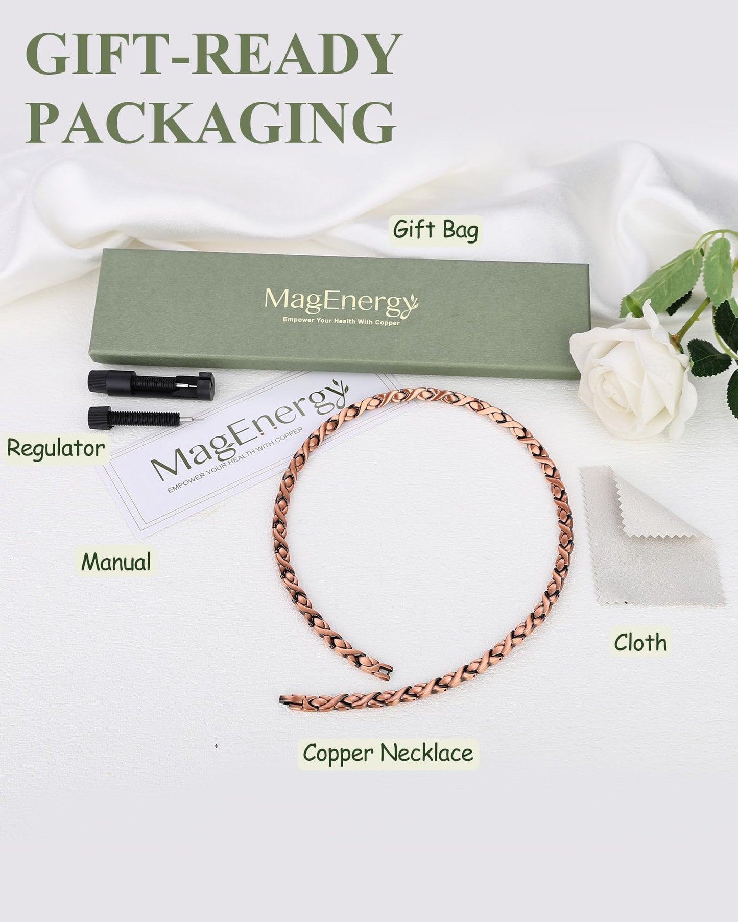 MagEnergy Copper Necklace for Men Women, Magnetic Necklace with 3500 Gauss Ultra Strength Neodymium Magnets, Adjustable Magnetic Jewelry with Sizing Tool (Vintage)
