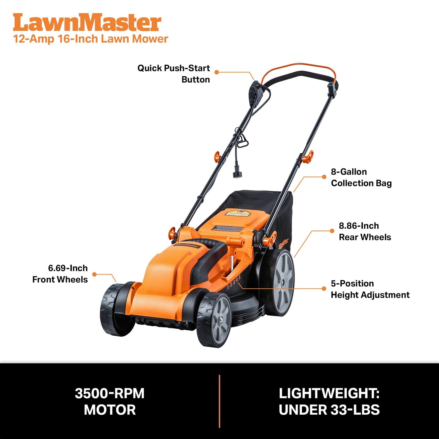 LawnMaster MEB1216K Electric Lawn Mower 16-Inch 12AMP