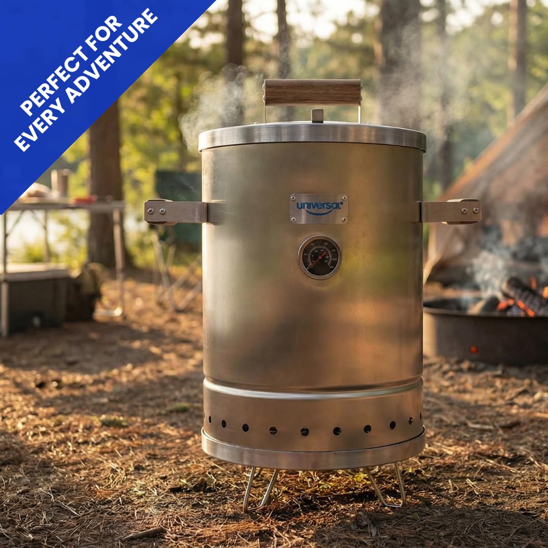Universal (6-pound) Stainless Steel (Small) Charcoal Barrel Smoker with Thermometer & Airlock system - 16.5"x 21.18" x ⌀11.81", 2 in 1 Vertical Smoker - Grill and Smoker, 6-serving Slow Cooking Smoker