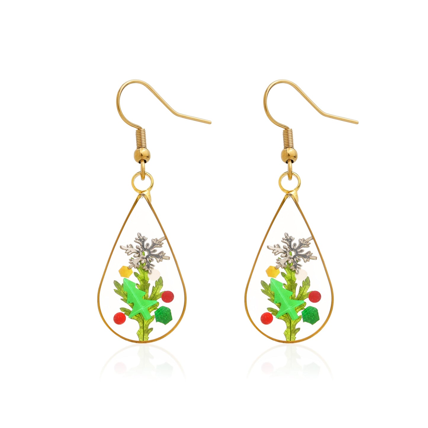 Jean Beau Handmade Pressed Leaf Earrings for Women, Unique Resin Snowflake Green Dried Leaves Gold Plated Teardrop Dangle Drop Nature Floral Earings Fashion Summer Christmas Jewelry Gift