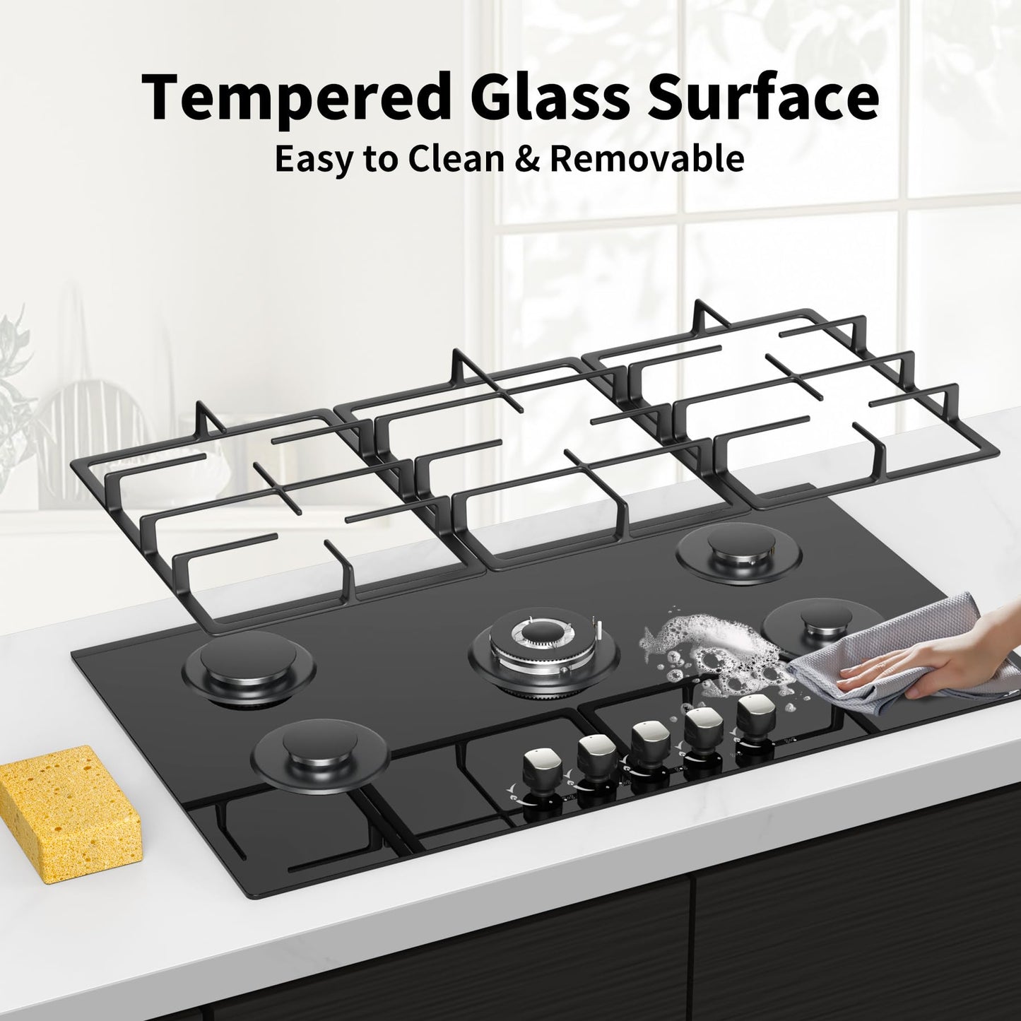 Nafewin 36 Inch Gas Cooktop Propane Stove, 5 Burner Built-in Gas Stove Top with Tempered Glass Panel, NG/LPG Dual Fuel Auto Ignition Propane Cooktop with Thermocouple Protection