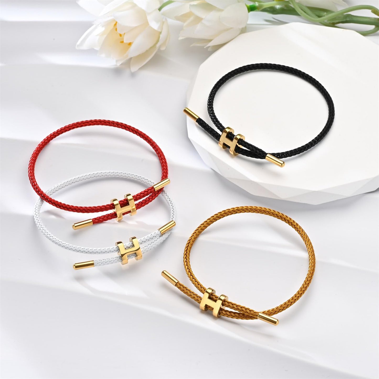 Hothink H Bracelets for Women,H Bangle and H Wire Rope Bracelet Set,Dainty Bracelets Set for Christmas Mothers Day Gifts for Women (Black and White Rope Bracelet)