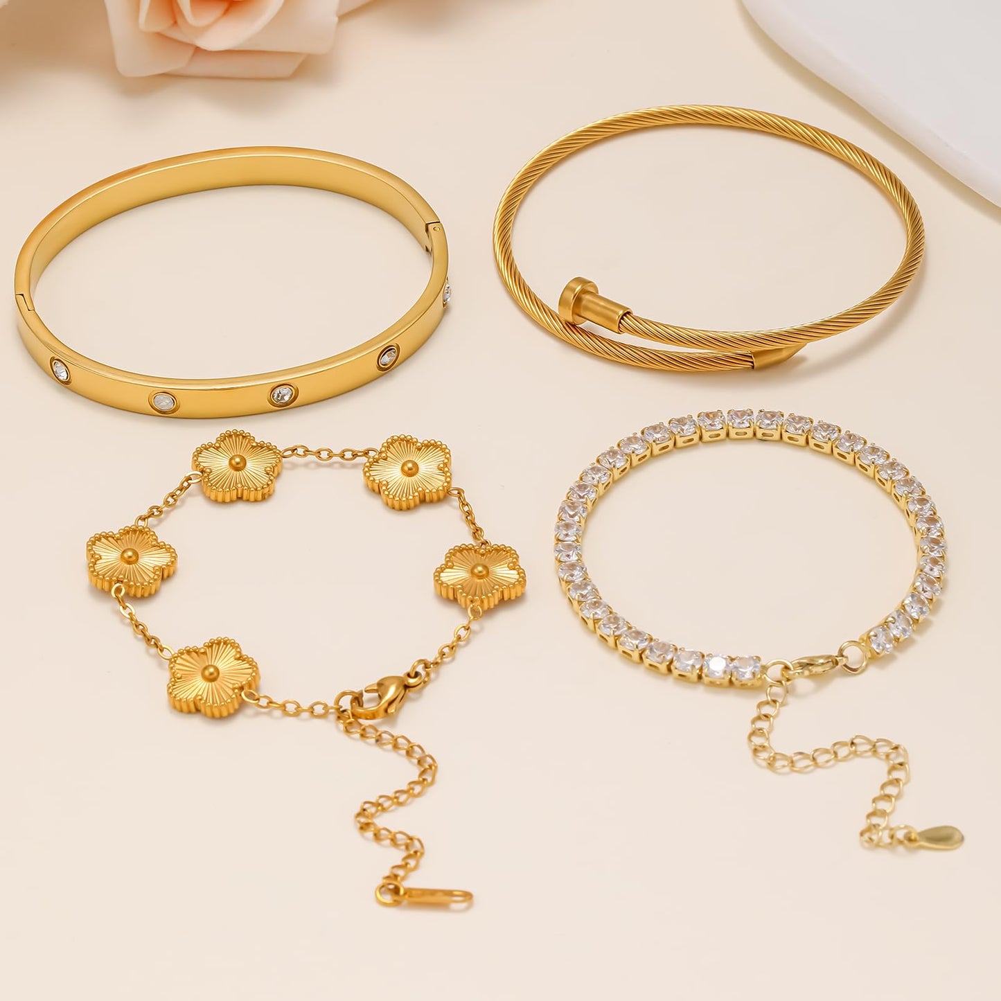 Gold Bracelets for Women, 18K Gold Plated Women Tennis Bracelets Clover Nail Love Bangle Bracelet Set, Gold Bracelet Stackable Set Trendy Jewelry, Gifts for Women's Day and Mother's Day (06-Color-gold)