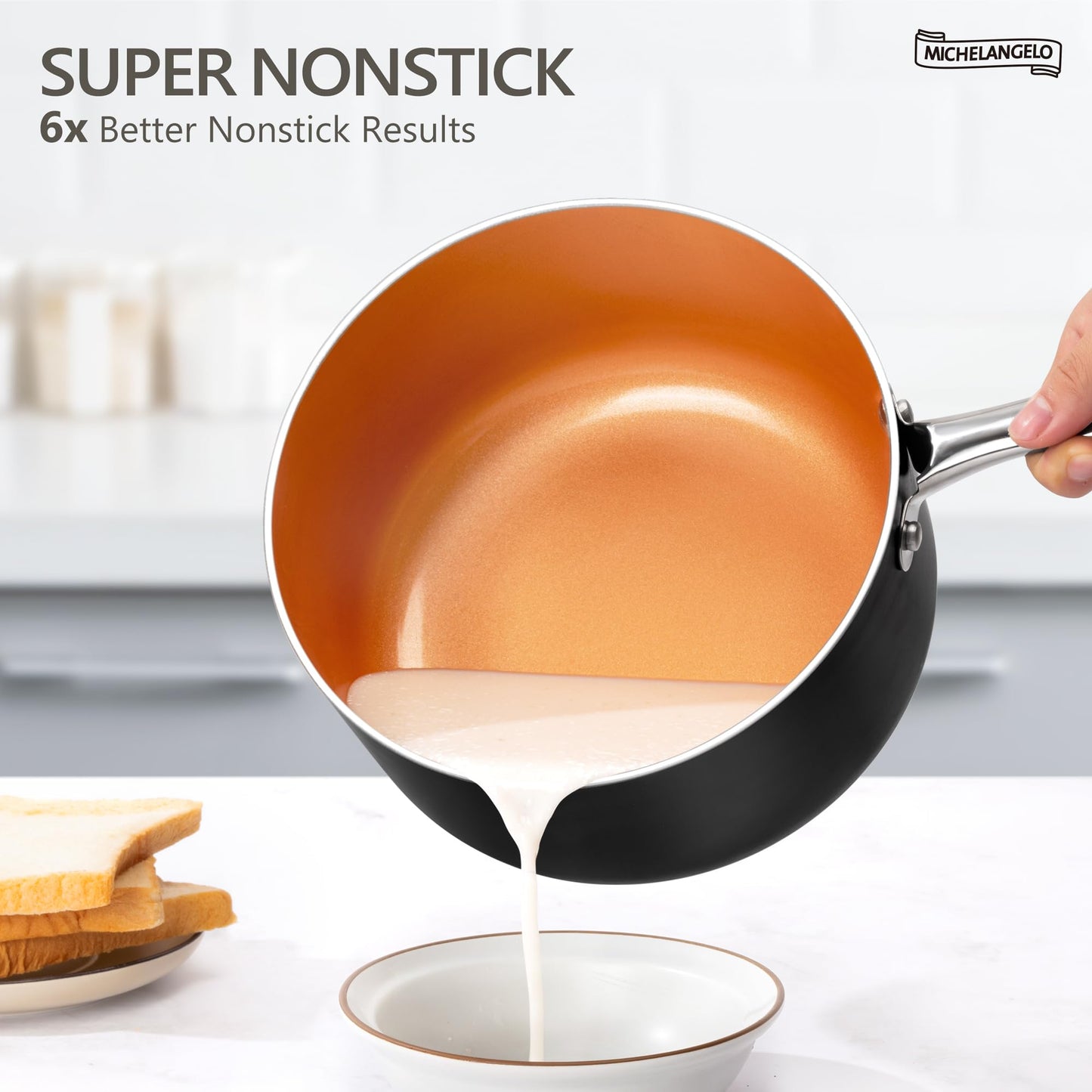 MICHELANGELO 4 Quart Saucepan with Lid - Ultra Nonstick Sauce Pan with Ceramic Coating, 4 Qt Non Stick Pot Induction Compatible, Copper