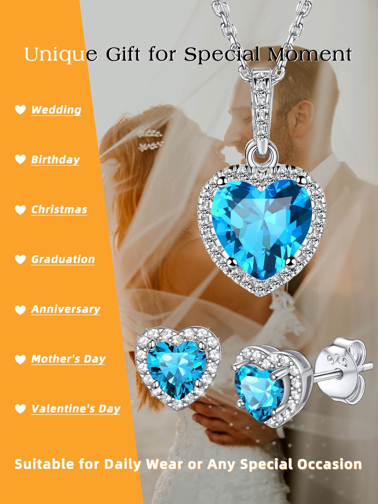 Bestyle CZ Heart Diamond Stud Earrings 5mm December Blue Topaz Birthstone Solitaire Earrings, 925 Sterling Silver Earrings Jewelry Gift for Wedding Anniversary Birthday