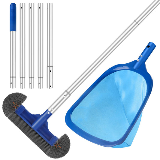 Swimming Pool Cleaning Kit Including 12.5 in Pool Brush Head,Ultra Fine Mesh Pool Leaf Skimmer Net with Maximum Length 76.5 in Aluminum Pole for Remove Debris and Dirt