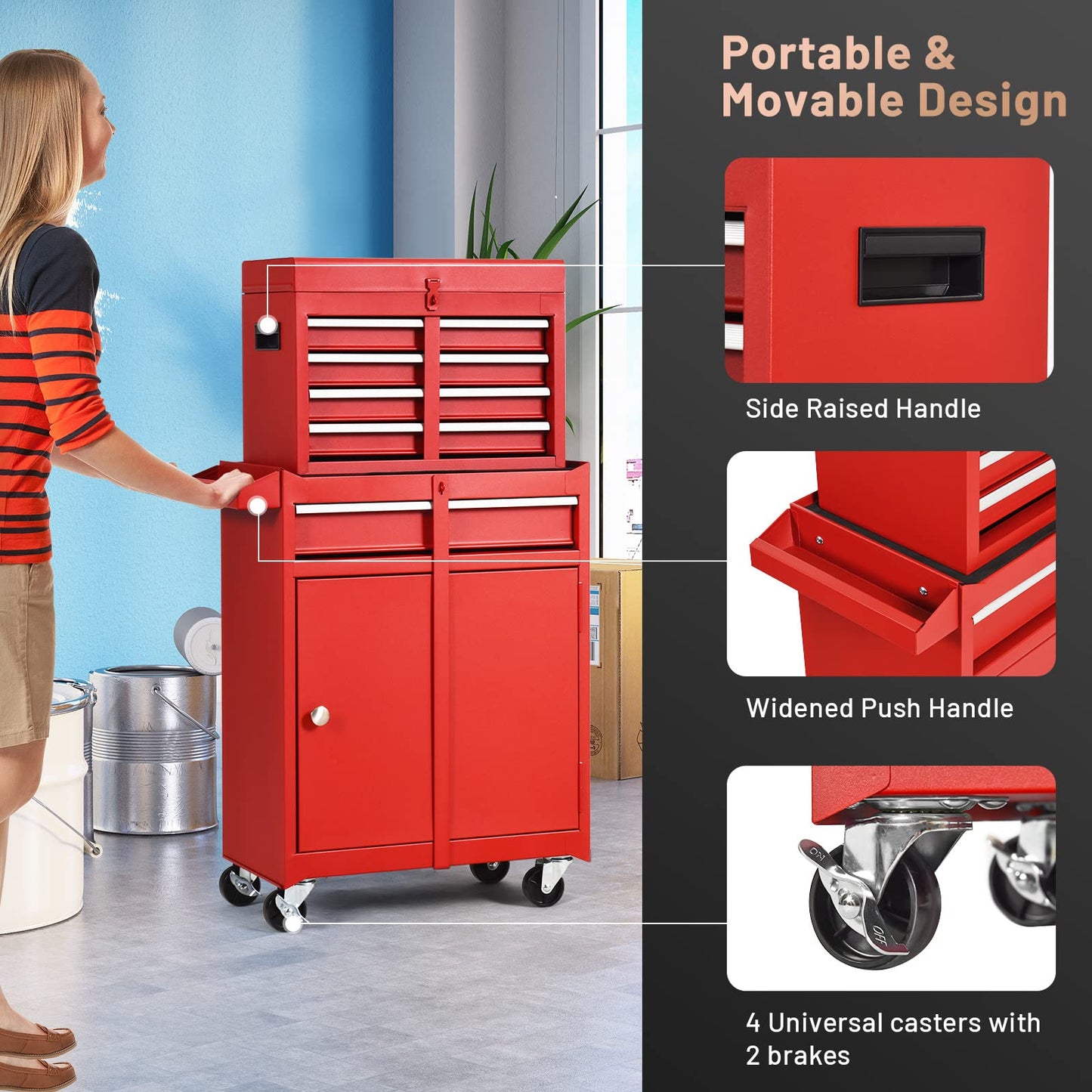 ERGOMASTER Tool Chest Heavy Duty Rolling Tool Box with Cabinet 5-Drawer for Lockable & Removable Cabinet for Garage and Workshop - 5-Drawer &Red