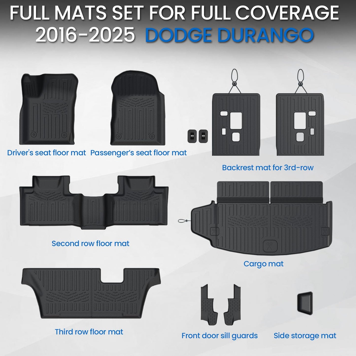 JOULARISE Floor Mats Set for 2016-2026 Dodge Durango (Only for 7 Seats with Bench Seats), All Weather TPE Backrest Mat Trunk Mat Cargo Liner Door Sill Guards Accessories (7 Seats Floor Mats Set)