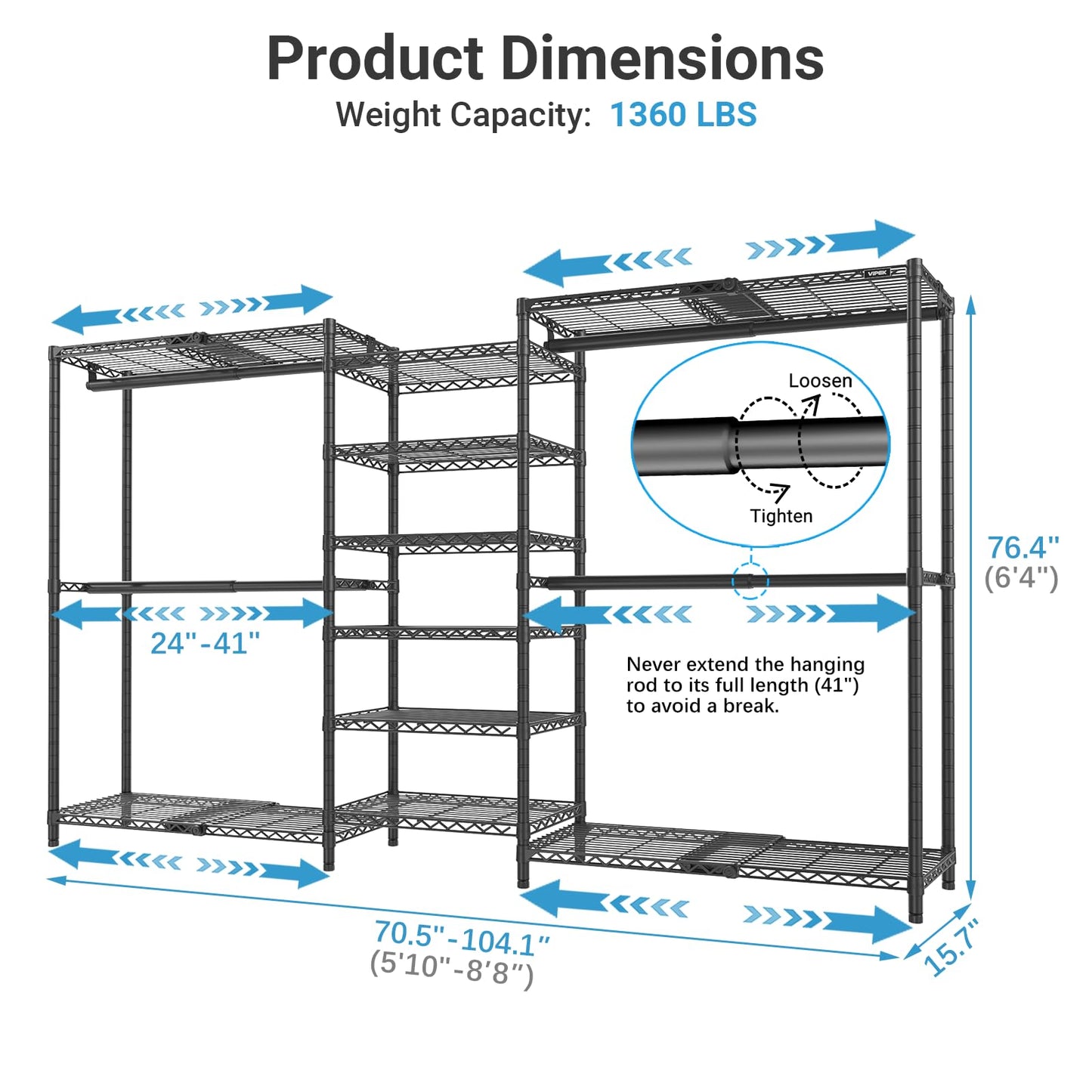 VIPEK X3 Plus Large Expandable Closet Rack Adjustable from 5'10" to 8'8" with Extendable Shelves and Hanger Rods, Freestanding Clothing Racks Modular Closet Systems Wardrobe, Max Load 1360LBS, Black