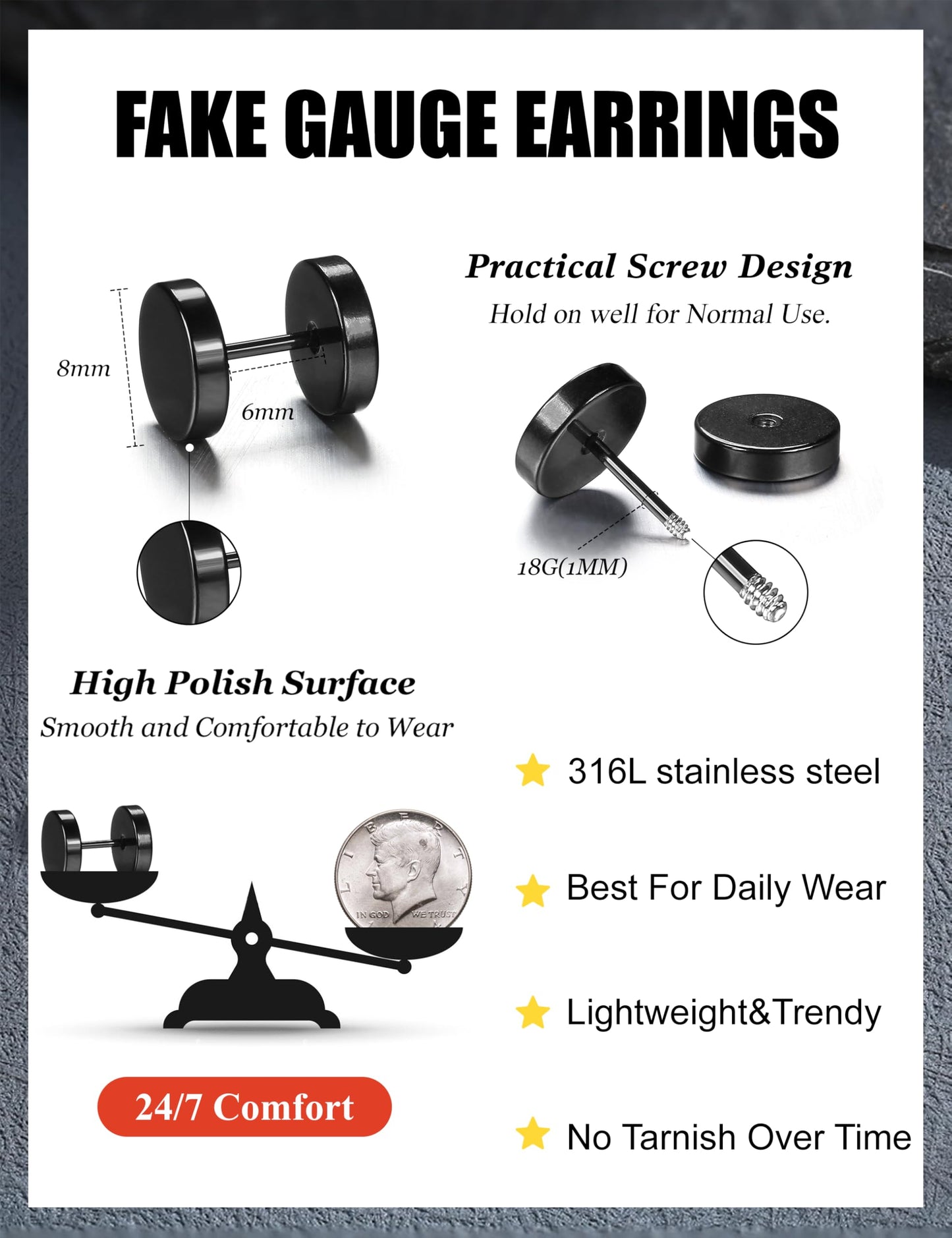 FIBO STEEL 6 Pairs Stainless Steel Black Stud Earrings for Men Women Faux Gauges Ear Tunnel Fake Gauge Earrings 3-8mm Black