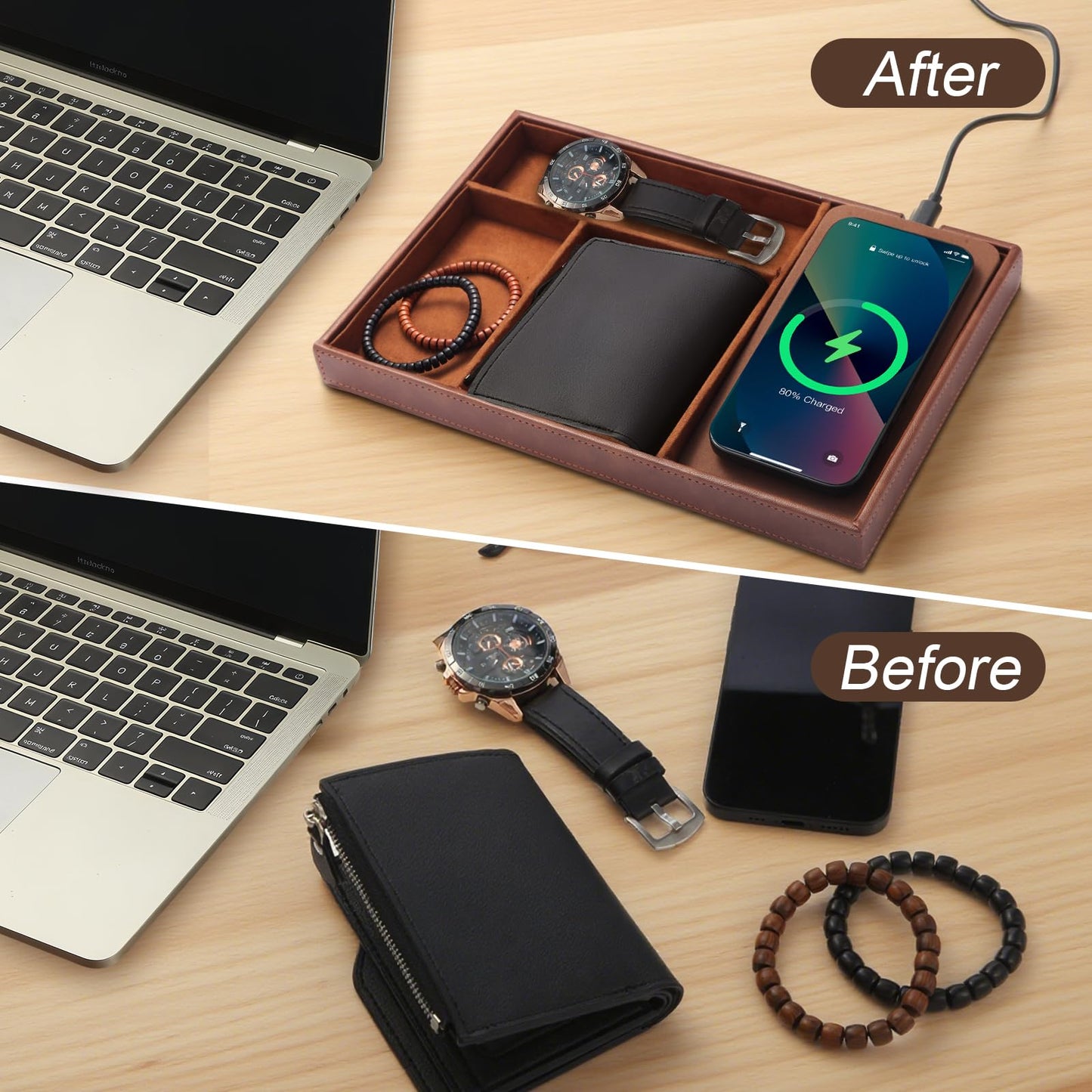 TopMade Valet Tray with Wireless Charging Pad Nightstand Organizer, Leather Desktop Storage Dresser Organizer Charging Station, Jewelry Box Catchall Bedside Vanity Tray for Men Women(Brown)