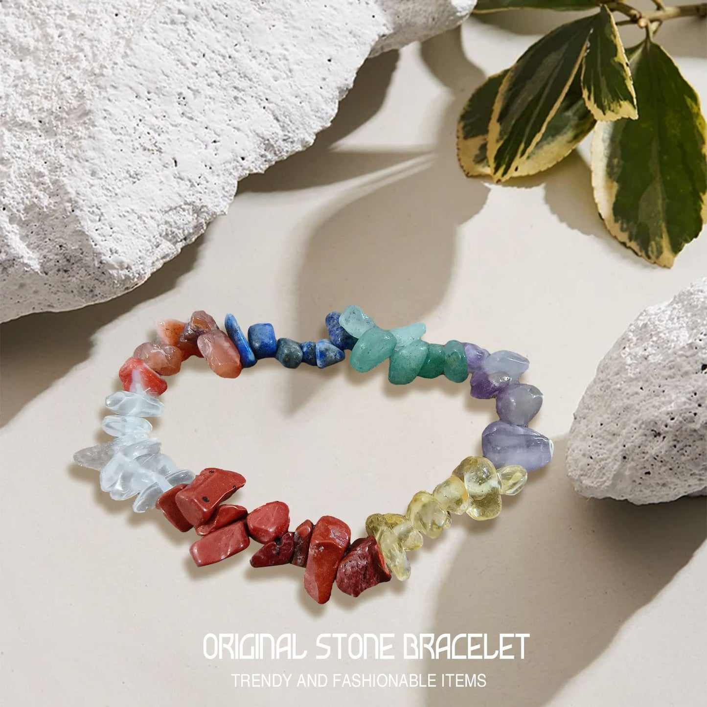 Natural Gemstones Chip Bead Bracelet for Men Women,Healing Chakra Bracelet Adjustable Slider Handmade Stress Relief Crystals Bracele (color)