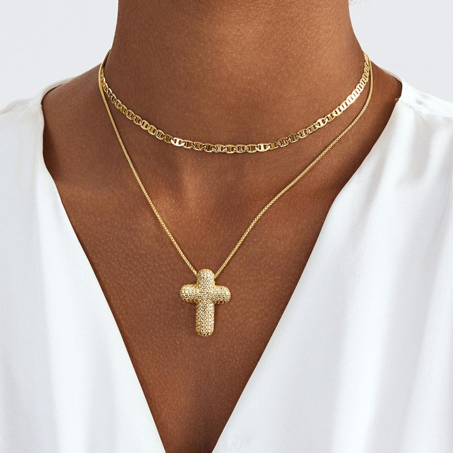 OGD Layered Gold Necklaces for Women 14k Gold Plated Cross Necklace for Women Stackable Stacked Stacking Dainty Gold Necklace Mariner Chain Necklace CZ Cross Pendant Necklaces Set Simple Jewelry Gift