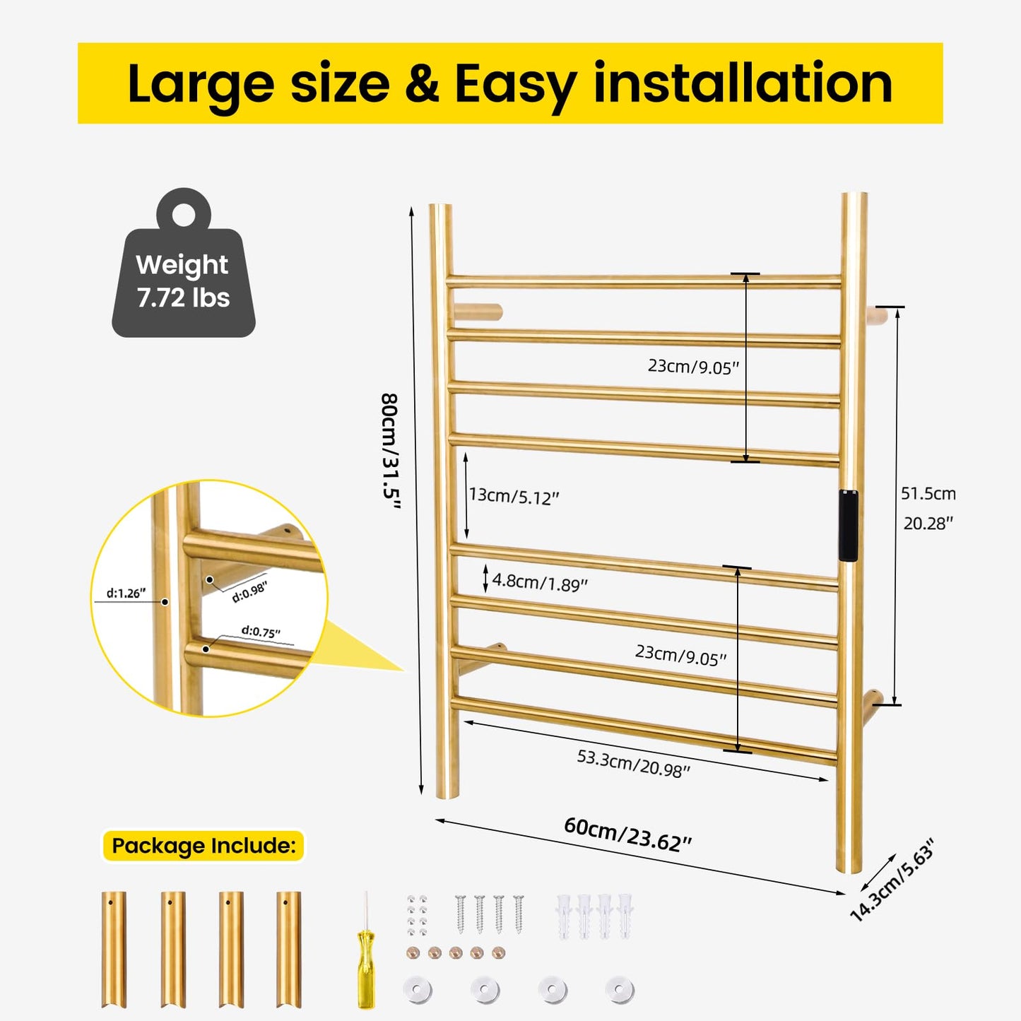 Dawot 8-Bars Gold Heated Towel Rack–23" Wall Mounted Towel Warmer with Timer & Temperature Control, Stainless Steel