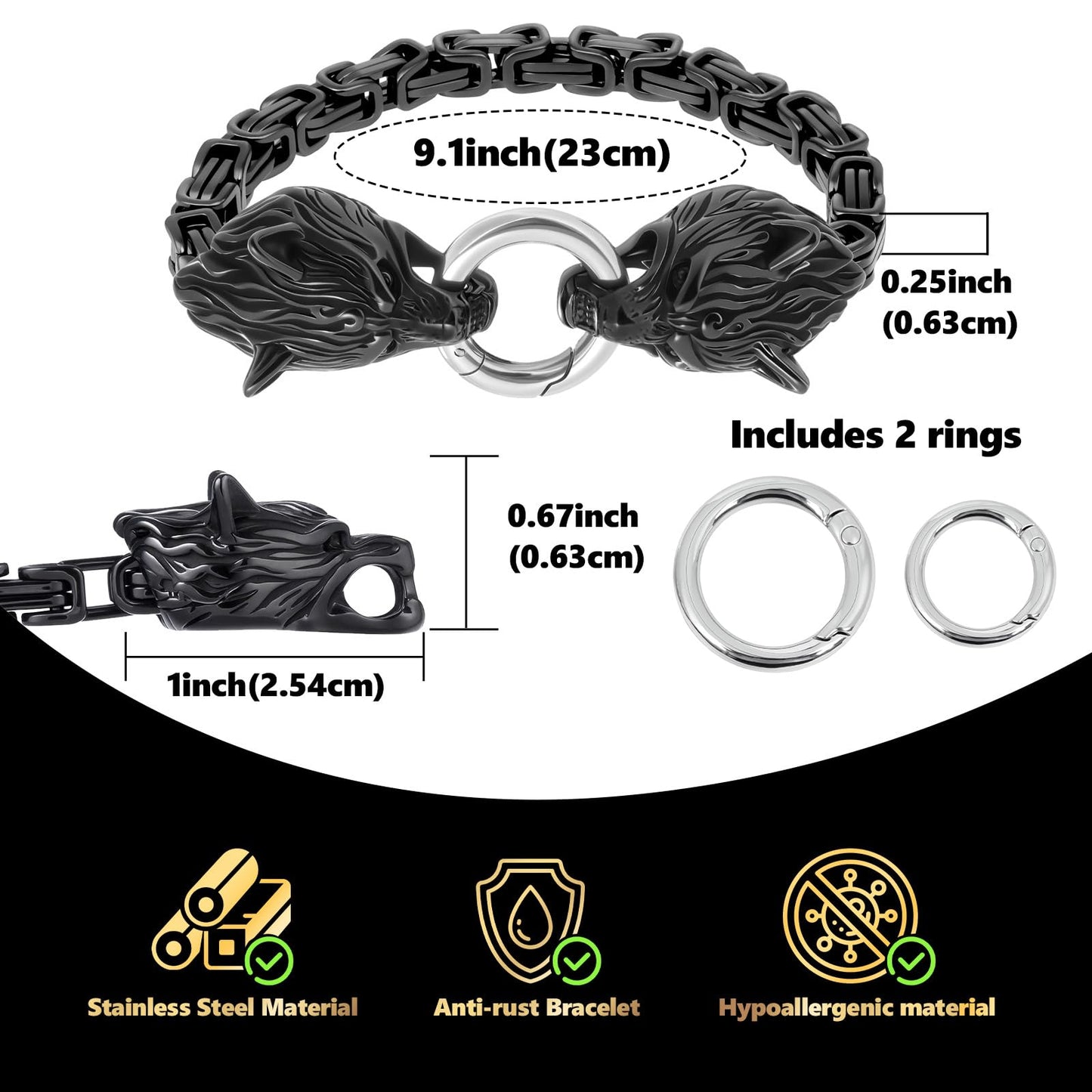 LuxGoth Stainless Steel Wolf Head Heavy Cuban Link Chain Bracelet Gothic Punk Rock Biker Vintage Viking Animal Franco Link Curb Bracelet Jewelry for Men Black GTS-B1B45901