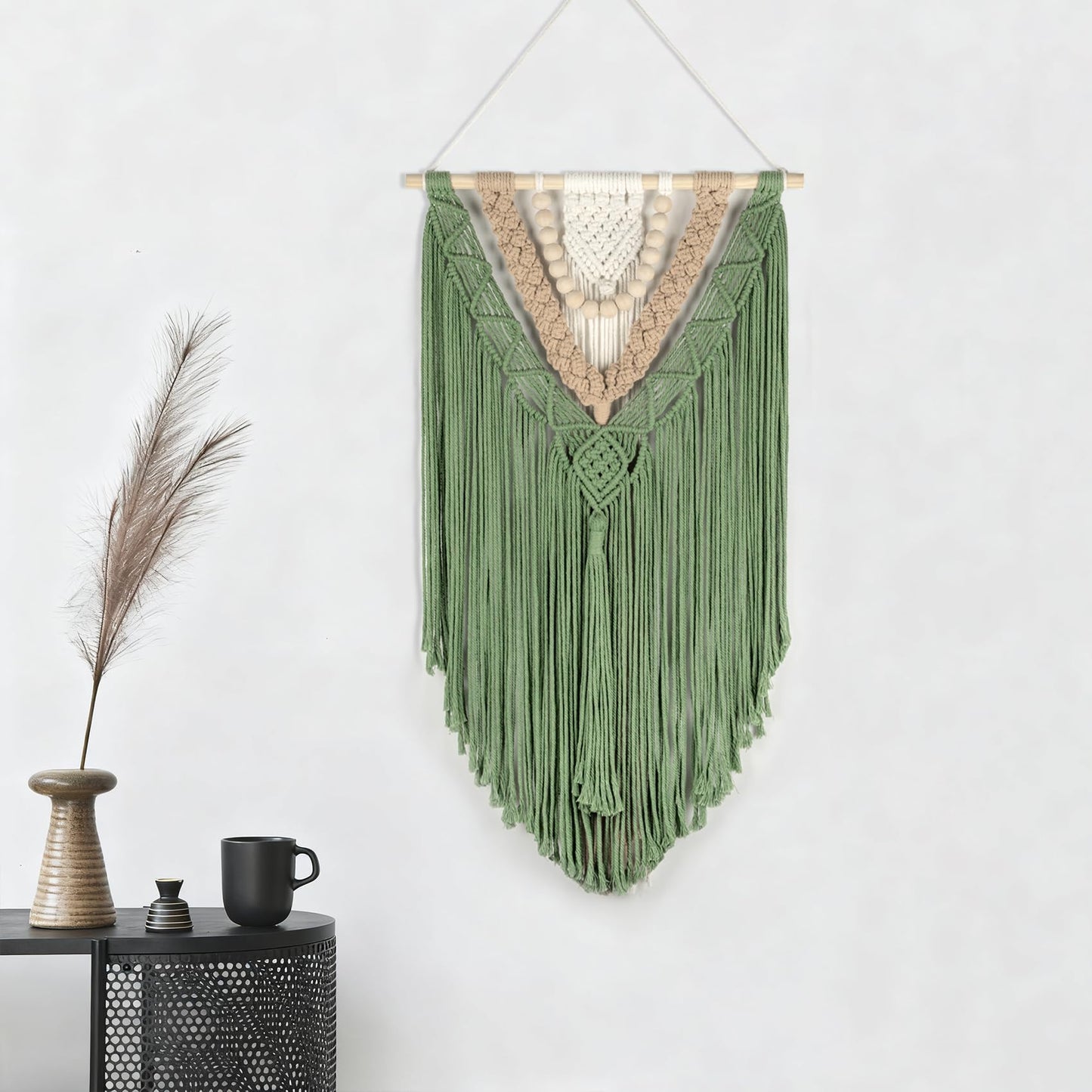 EOBTAIN Green Macrame Wall Hanging Boho Home Decor,Handmade Craft Handwoven Tapestry for Gallery Nursery Living Room,Natural Cotton Cord and Wood Beads Tassel Bohemian Art Decoration,30 Inch