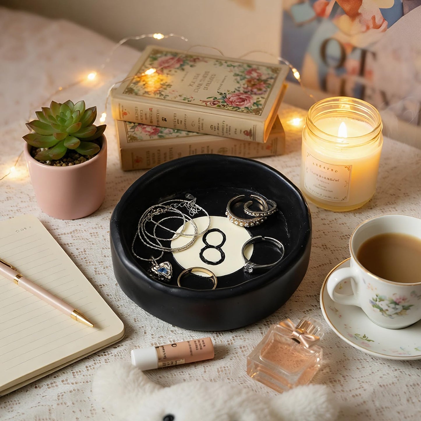 Roowest Black Ball 8 Jewelry Tray Trinket Dish 8 Ball Jewelry Tray Dish Desk Decor Resin Earrings Necklaces Watch Key Home Decor Gift for Women Cute Plate Bowl Room Aesthetic