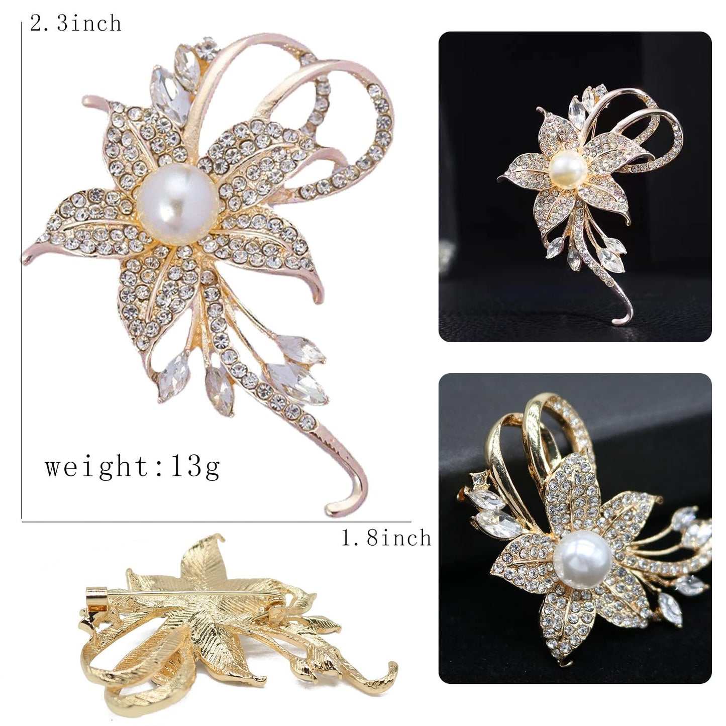 Gold Silver Flower Crystal Brooches Pins Fashion Beautiful Created Rhinestone Pearl Floral Brooch Good Idea for Party Dance Wedding Banquet for Elegant Women Girl(Gold Flower)