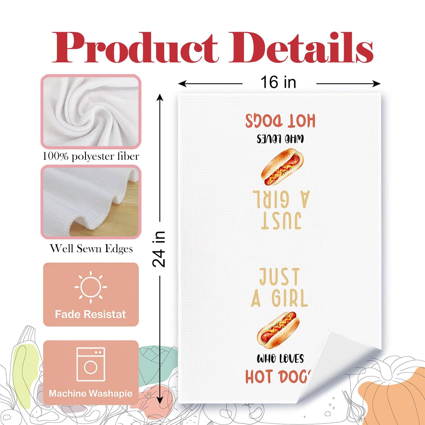 YRDBGHZDF Coquette Pink Bow Hot-Dog Kitchen Towels, Gifts for Hot Dog Lovers Dish Tea Towels, Food Lover Foodie Gifts Decorative Hand Towel for Kitchen, 16x24 Inch Set of 2
