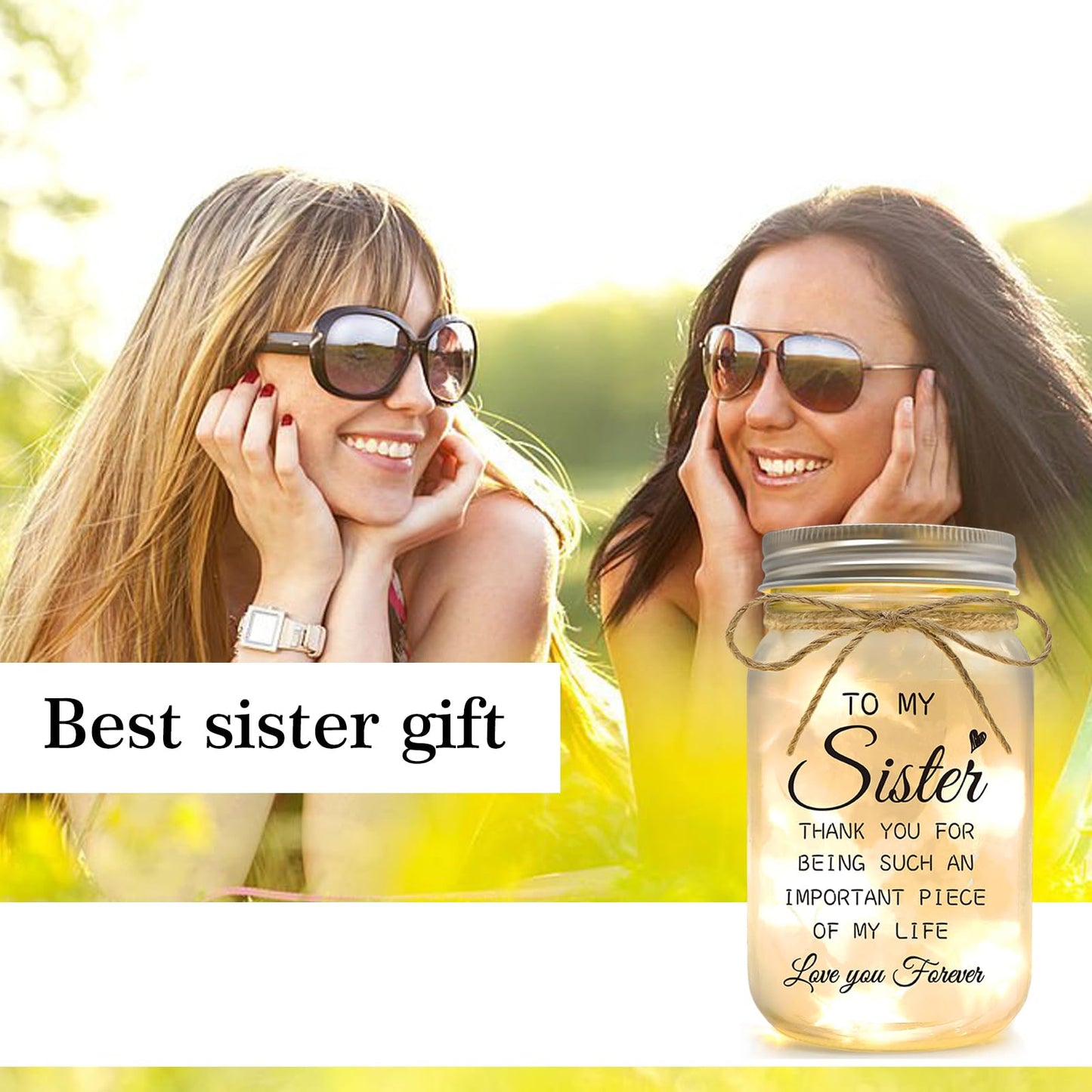 YOISTREVISK Sister Gifts - Mason Jar Night Lights with Warm Lights for Sisters, Unique Mothers Day Gifts for Sister Gift Ideas for Birthday Christmas Valentines Day, Heartfelt Home Decor Gift