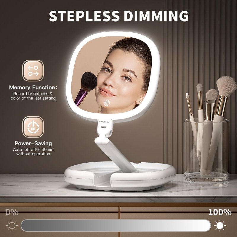 Beautifive 6.3" Makeup Mirror, 1X/8X Magnification, 3 Light Modes, Plug-in or Battery Operated Double-Sided Lighted Vanity Mirror, Adjustable Height Stand for Home, Women
