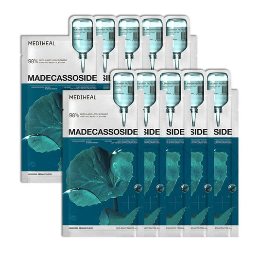 Mediheal Essential Face Mask [Madecassoside] Blemish Repair 10 pcs. with 98% Purity Madecassoside & Hyaluronic Acid - Soothing Care, Hydrating- Travel Essentials, Vegan Formula Korean Sheet Mask