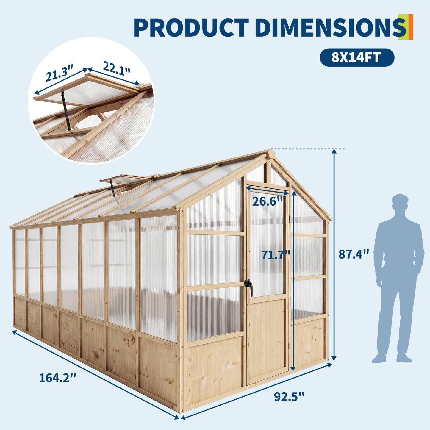 GarveeLife 8'x14' Wooden Greenhouse for Outdoor, Large Walk-in Greenhouse Kit with Ventilated Window, Door & Polycarbonate Panels, Heavy Duty Wood Frame Green House for Patio Garden Backyard