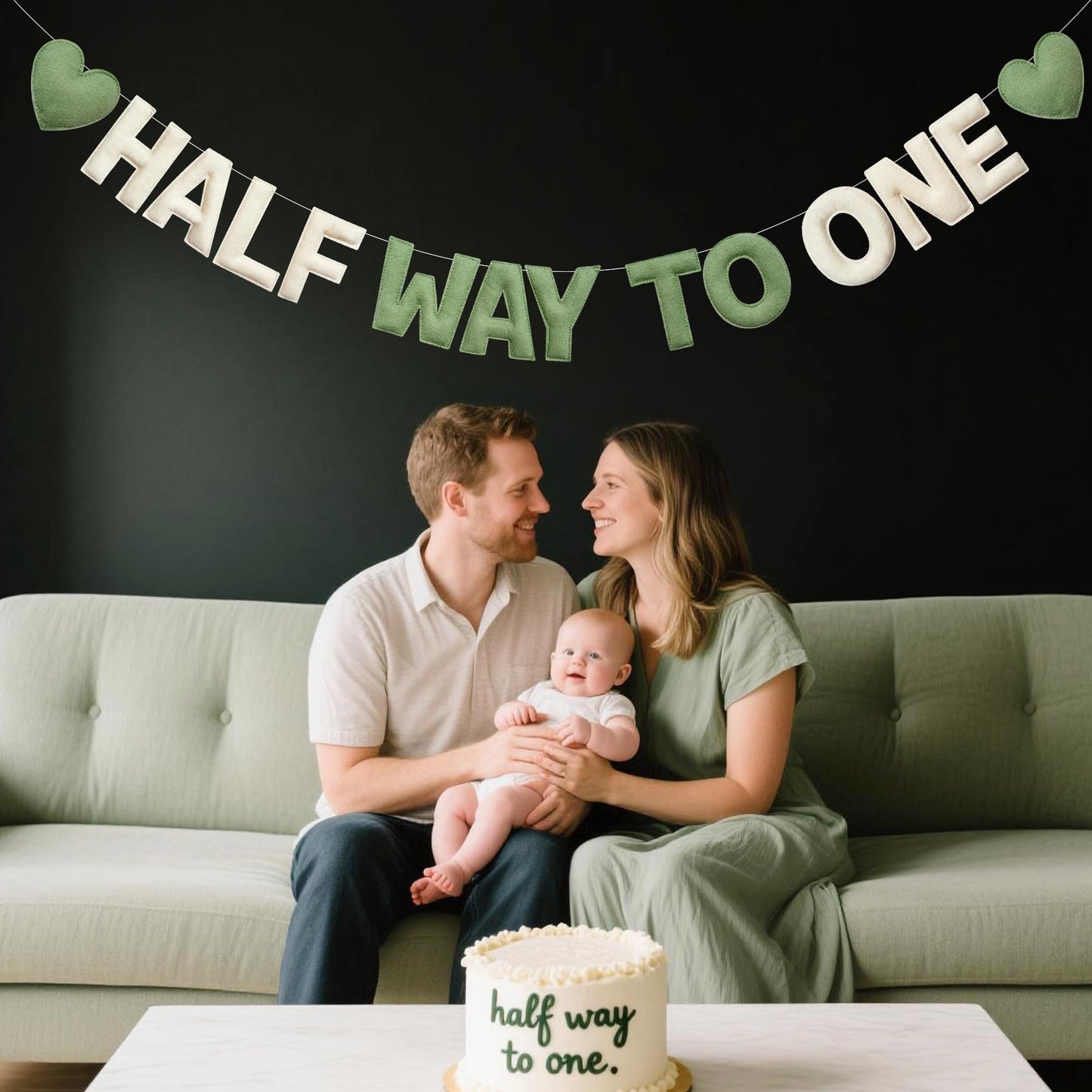 Sage Green Heart 1/2 Way to One Birthday Decoration Pre-Strung Handmade Felt Half Way To One Sign Banner for 6 Months Birthday Baby Boy Girl Neutral Decorations Party Nursery Home Wall Fireplace Decor