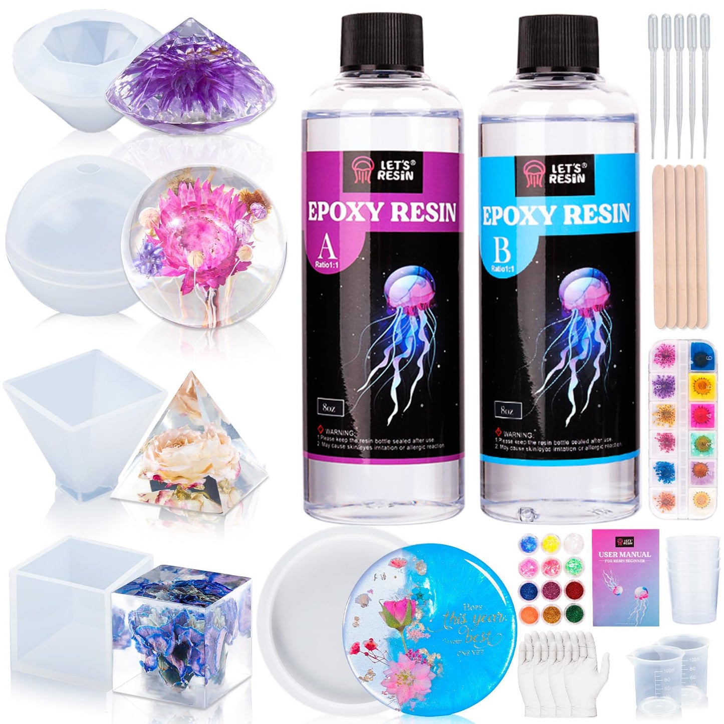 LET'S RESIN Epoxy Resin Kits and Molds Complete Set, 16oz Resin Art Kit with Silicone Molds, Pigment, Dried Flowers, Crafts for Adults, Beginners, Art Supplies for DIY Lovers, DIY Gift for Women