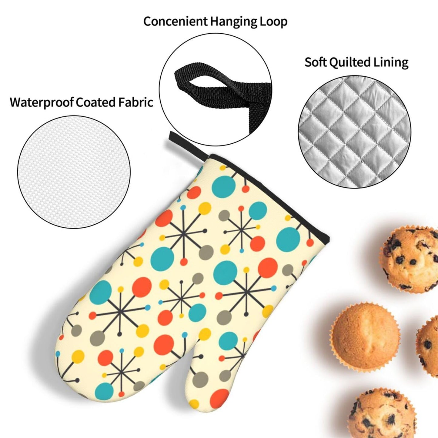 Mid Century Fifties Modern Atomic Retro Oven Mitts and Pot Holders Sets of 3, Yellow Kitchen Decor or Accessories, Heat Resistant Hot Pads Oven Gloves,Cooking Grilling Baking Gifts for Women