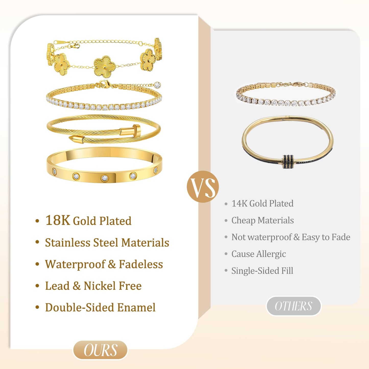 MOINSPIRE 18K Gold Plated Bracelets for Women, Stainless Steel Four Leaf Clover Tennis Nail Love Bangle Bracelets Set, Trendy Stackable Twist Cuff Bracelet Non Tarnish Jewelry Gifts for Christmas