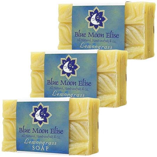 Blue Moon Elise All Natural Lemongrass Soap Bars, Scented with Premium Essential Oils, Handmade in the USA, Moisturizing and Therapeutic for Face/Body, For Sensitive Skin, For Men and Women (3 Pack)