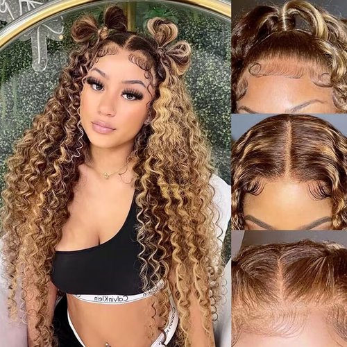 Ladoux Ombre Lace Front Wig Human Hair 13x4 HD Transparent Deep Wave for Women 180% Density 4/27 Honey Blonde Colored Highlight Curly Glueless Wigs 16Inch Pre Plucked with Baby Hair