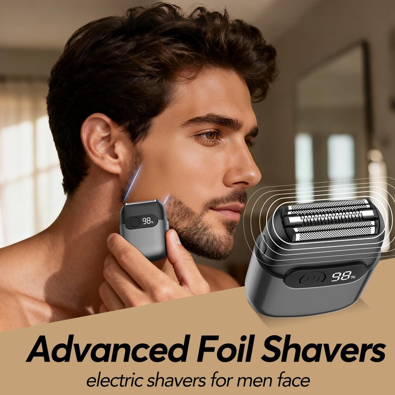Foil Shavers for Men - Mini Electric Razor with 3 Floating Blades, Smart LED Display, Traver Lock, IPX7 Waterproof Wet/Dry Shaving for Face & Beard, USB-C Fast Chage for Travel Home, Gift for Men