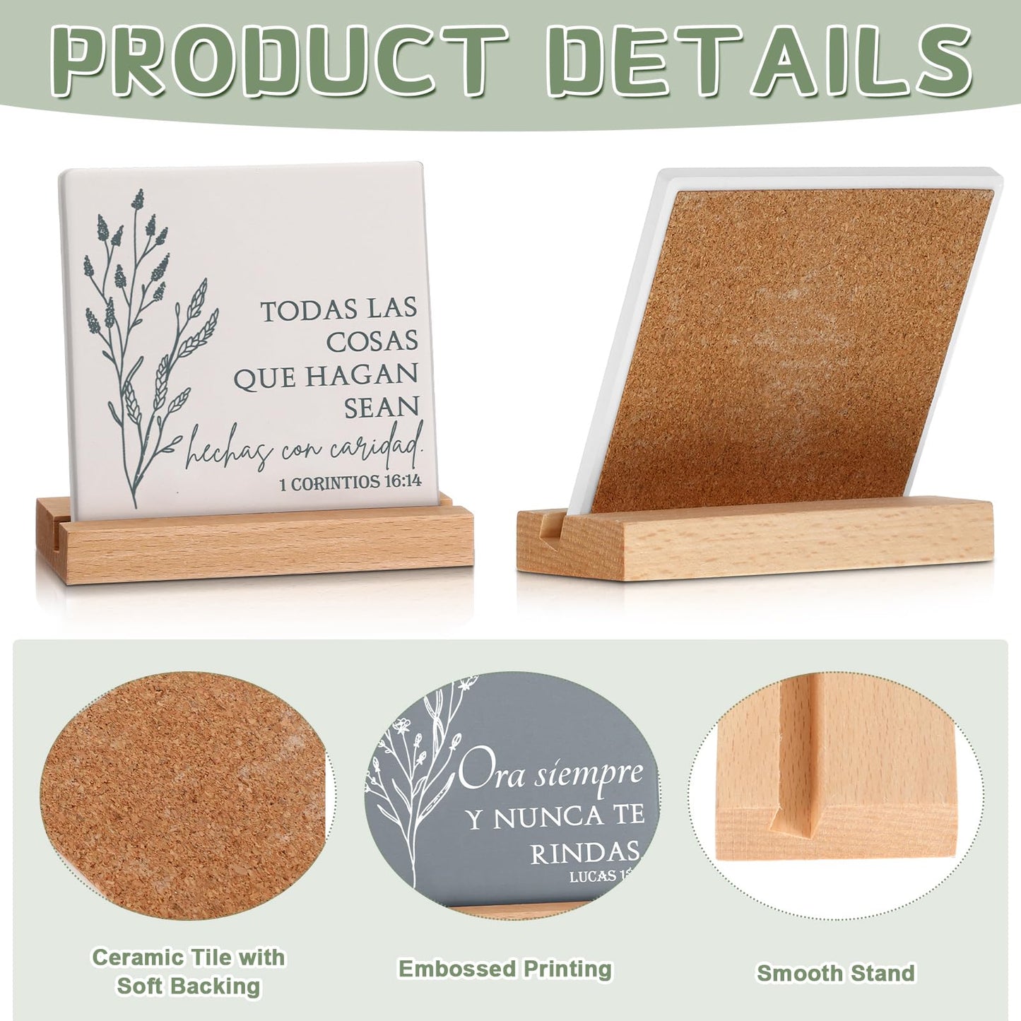 Roowest 10 Pcs Christian Gift for Mom Bible Verse Desk Decor Religious Ceramic Table Plaque Sign with Wood Stand for Women Men Mothers Day Church Graduation Party Favor(Spanish)