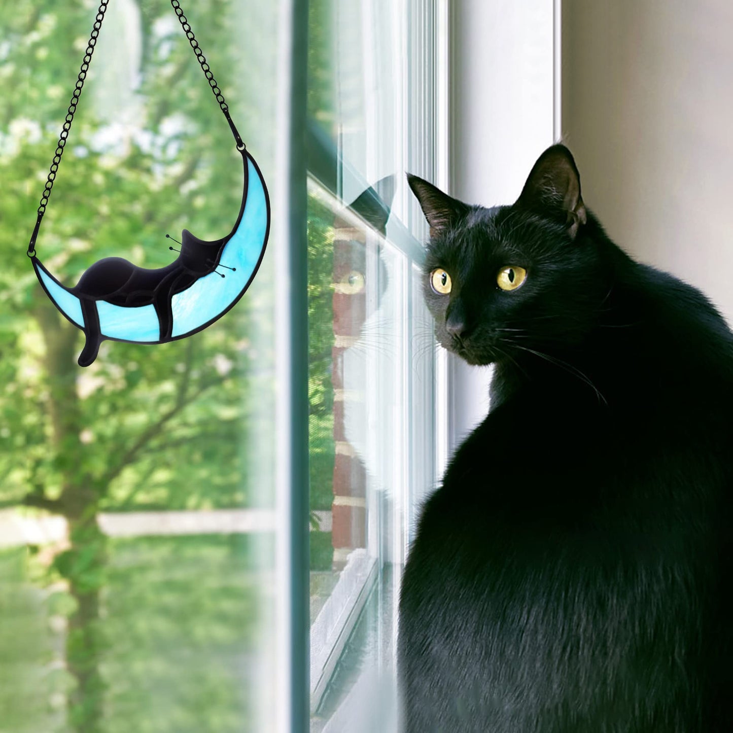 BOXCASA Black Cat on Moon Stained Glass Witchy Gifts for Women - Indoor Suncatchers for Windows Hanging,Christmas for Cat Lovers (with Suction Cups and Chains)