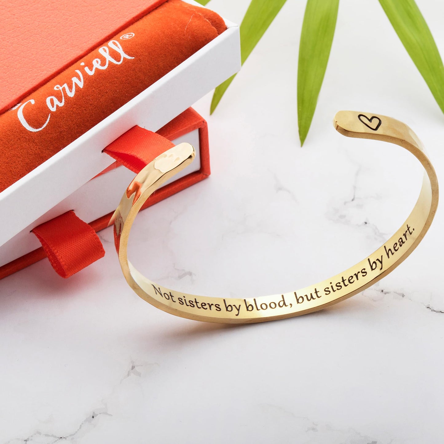 Carviell Gold Friendship Bracelet – “Not Sisters by Blood but Sisters by Heart” Engraved Cuff, Best Friend Jewelry Gift for Women & Teens, BFF Bracelet, Inspirational Stainless Steel Bangle