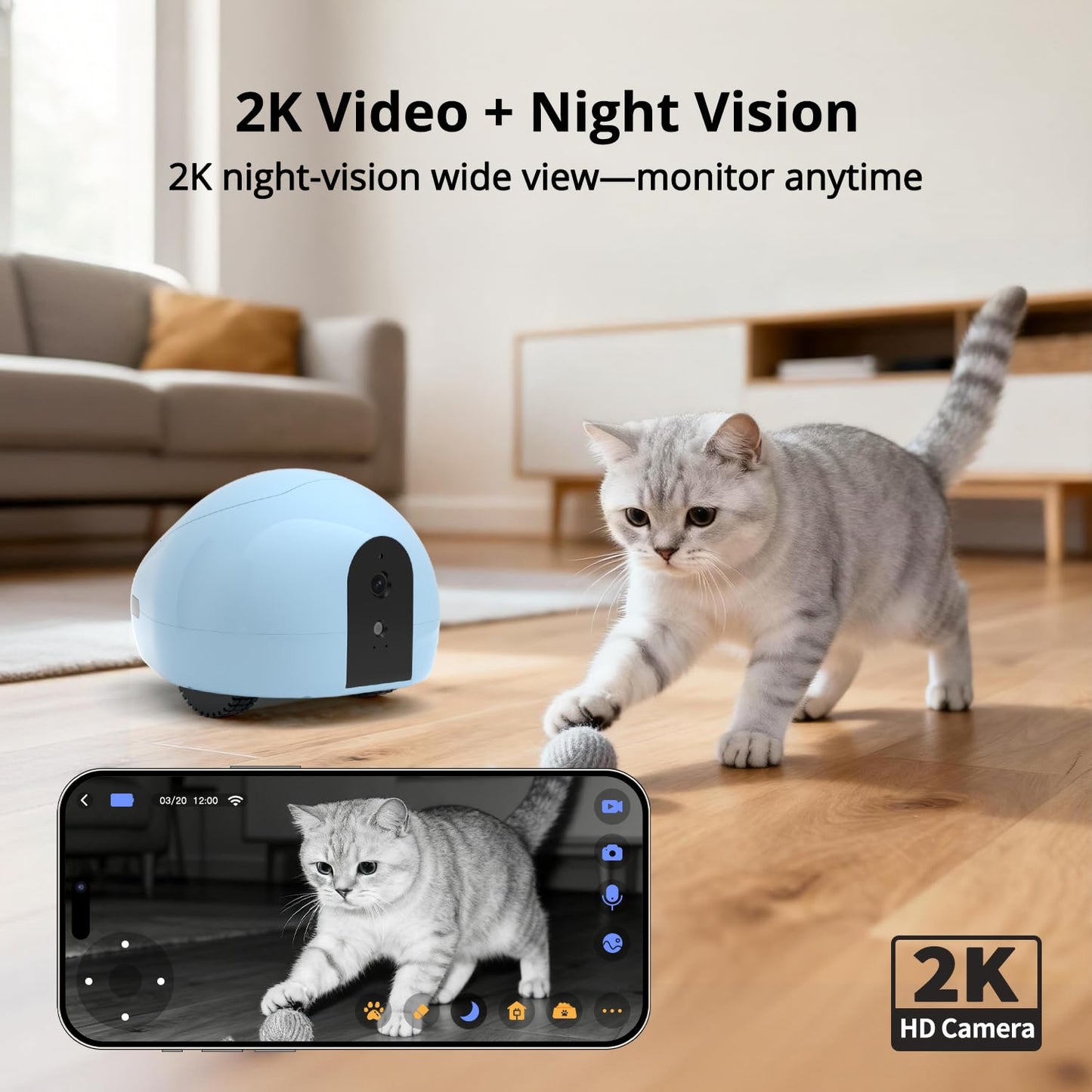 Pet Camera Robot with Treat Dispenser & Laser Toy, Motion Detection, HD Video, Night Vision, 2-Way Audio, Mobile Feeder for Cats & Dogs, App Control & Auto, AI Push with Subscription