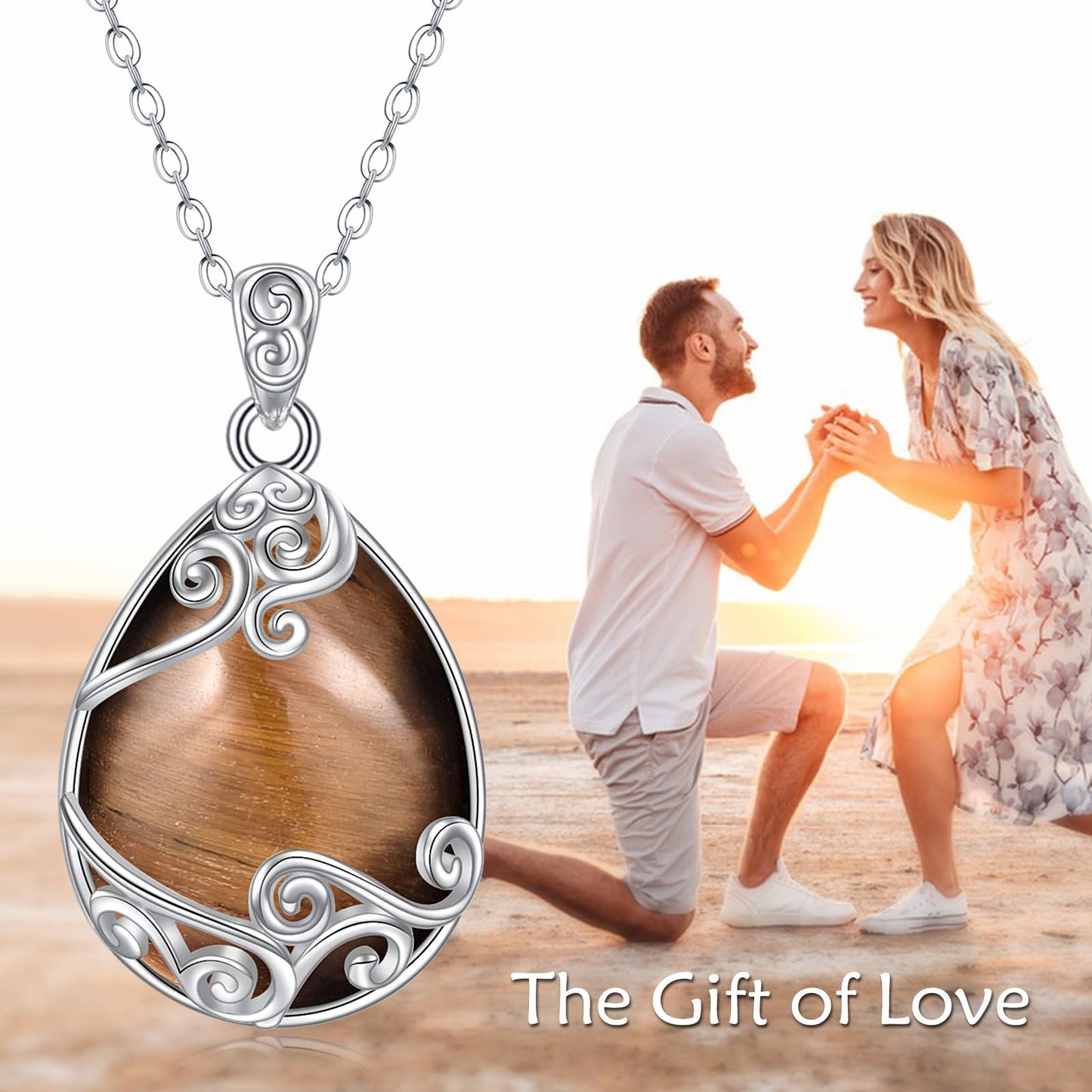 YAFEINI 925 Sterling Silver Tiger Eye Stone Necklace Filigree Teardrop Pendant Necklace Jewelry for Women (EE-Tiger Eye Stone Filigree Necklace)
