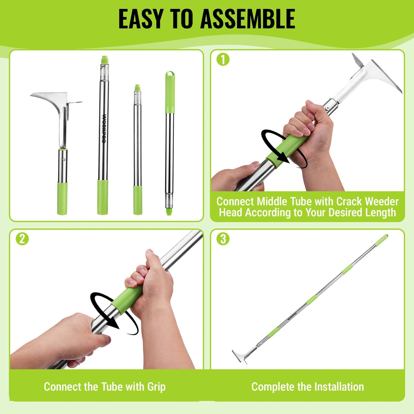WORKPRO Crack Weeder, Stainless Steel Crevice Weeding Tool with Adjustable Long Handle(27"-54"), L-Shaped Weed Removal Scraper, for Garden Lawn Yard Patio Terrace Paving Garden Hand Tool