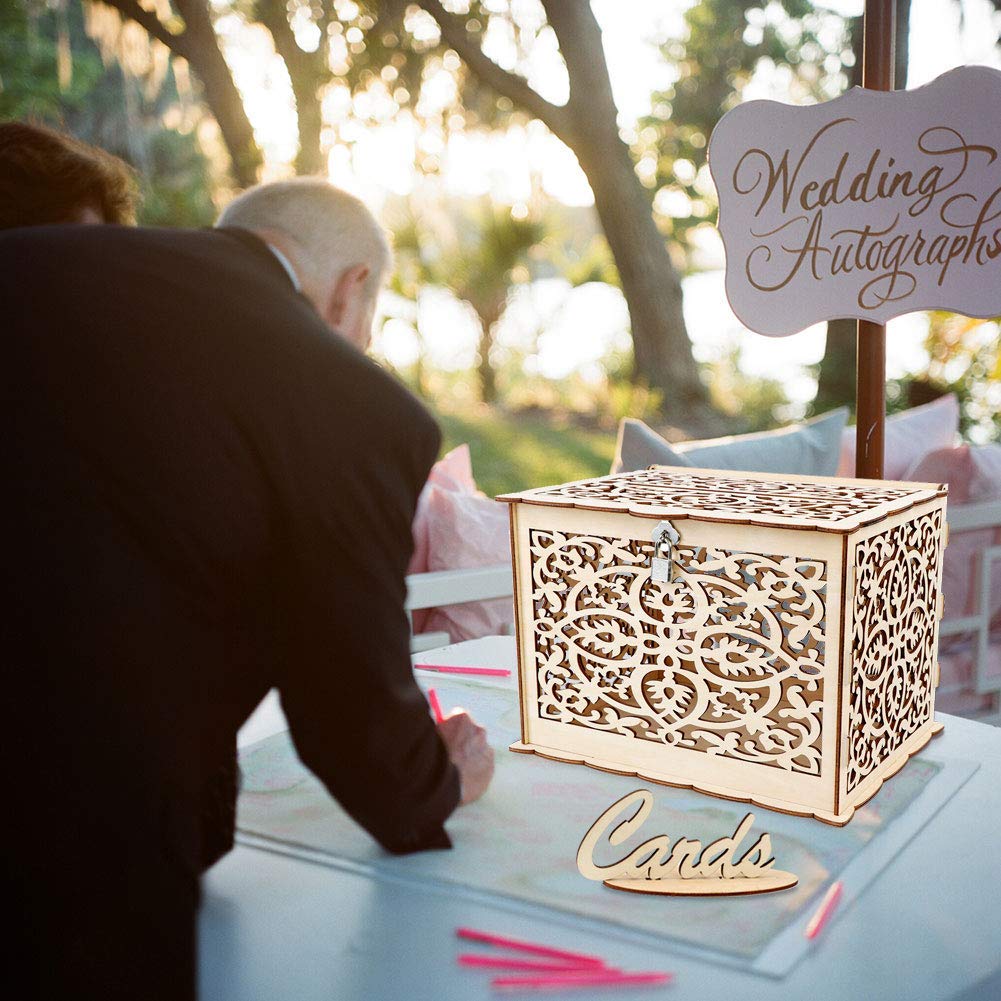 Funyear DIY Rustic Wedding Card Box with Lock, Wooden Gift Card Box Holder Graduation Card Box Money Box for Wedding Reception Deco, Baby Showers, Birthday Party Decorations