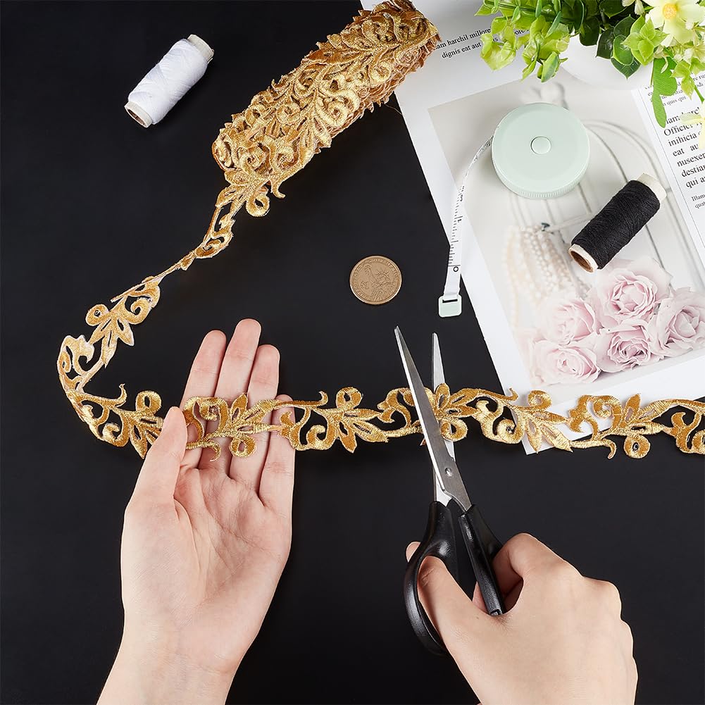 NBEADS About 4.15 Yards(3.8m) Gold Embroidery Polyester Ribbons, 1.38" Wide Metallic Lace Trim Iron on Metallic Flower Lace for Sewing Costumes Gowns Home Decor Garment Accessories