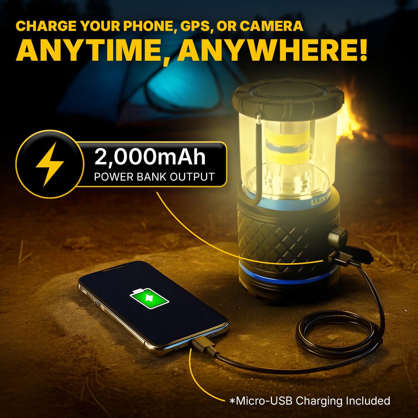 LUXPRO Rechargeable Dual-Power 1100 Lumen LED Lantern for Up to 150 Hours of Use - Camping Lantern with Built-in Power Bank - Dimmable LED Light with IPX4 Water-Resistant Rating (Camping Lantern)