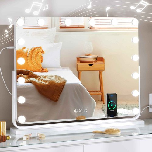 DWVO Hollywood Vanity Mirror with Lights, 28" x 22" 360° Rotation LED Large Vanity Makeup Mirror with 16 Dimmable Bulbs, Bluetooth Speaker, Wireless Charger, USB Type-C Charging Port, or Wall-Mounted