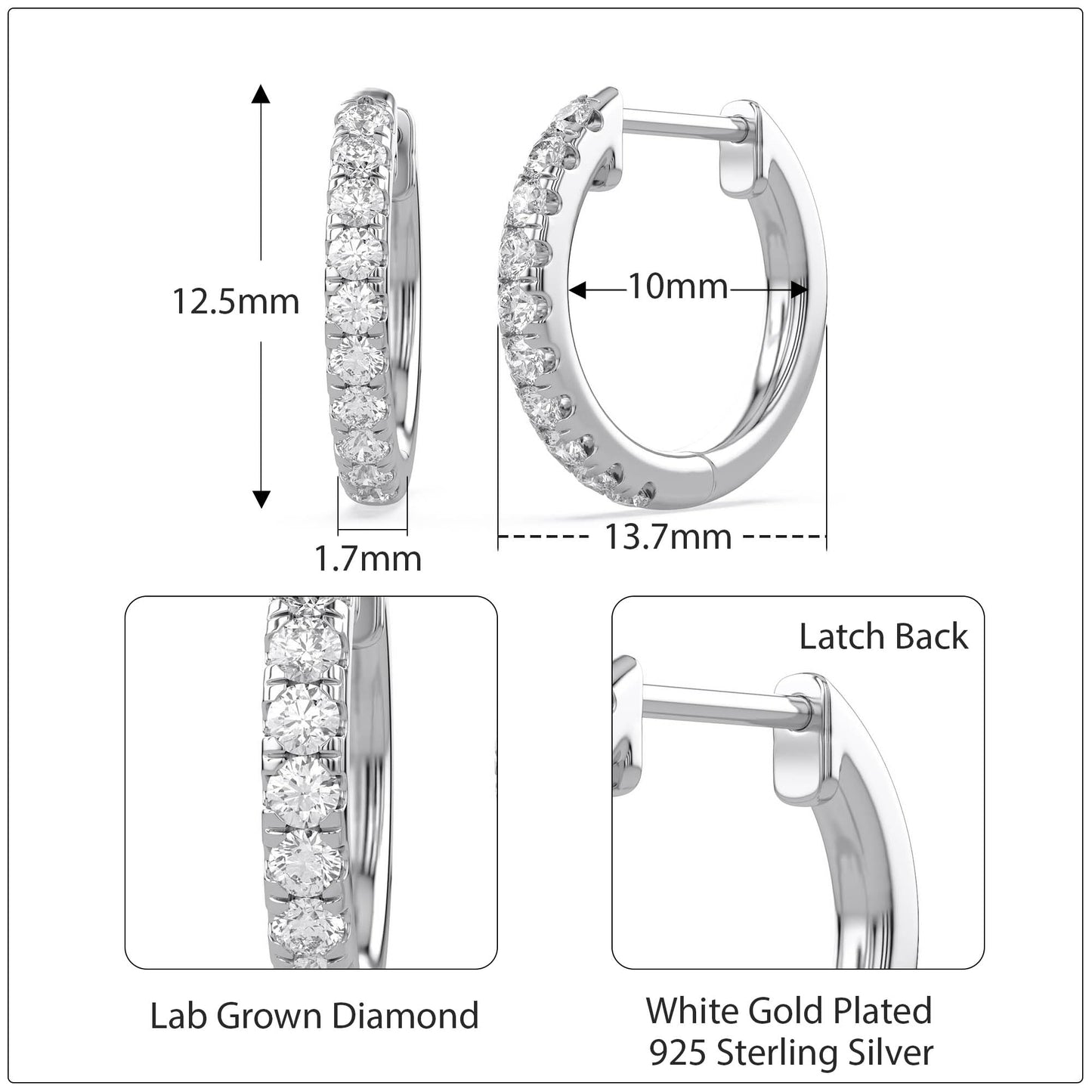 10MM Huggie Hoop Earrings for Women, 0.25 Carat (ctw) Round Natural Diamond Hoop Earrings in 14K White Gold Plated 925 Sterling Silver Jewelry for Her