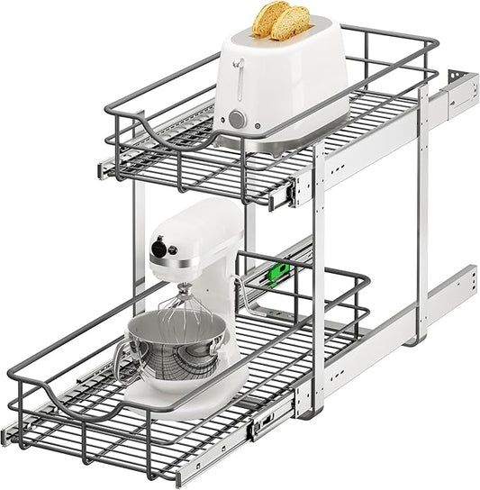 2 Tier Pull Out Cabinet Organizer - 11" W x 22" D Soft Close Slide Out Shelves with Shelf Liners - Pullout Drawers for Kitchen Cabinets, Pantry, Bathroom, Heavy Duty Steel Wire Baskets