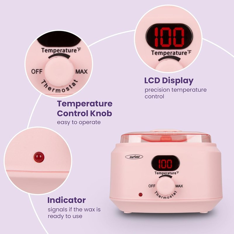 Brazilian Waxing Kit - Hard Wax Warmer with 5 Beads | Digital Display for Full Body, Legs, Face, Bikini, Sensitive Skin - Pink