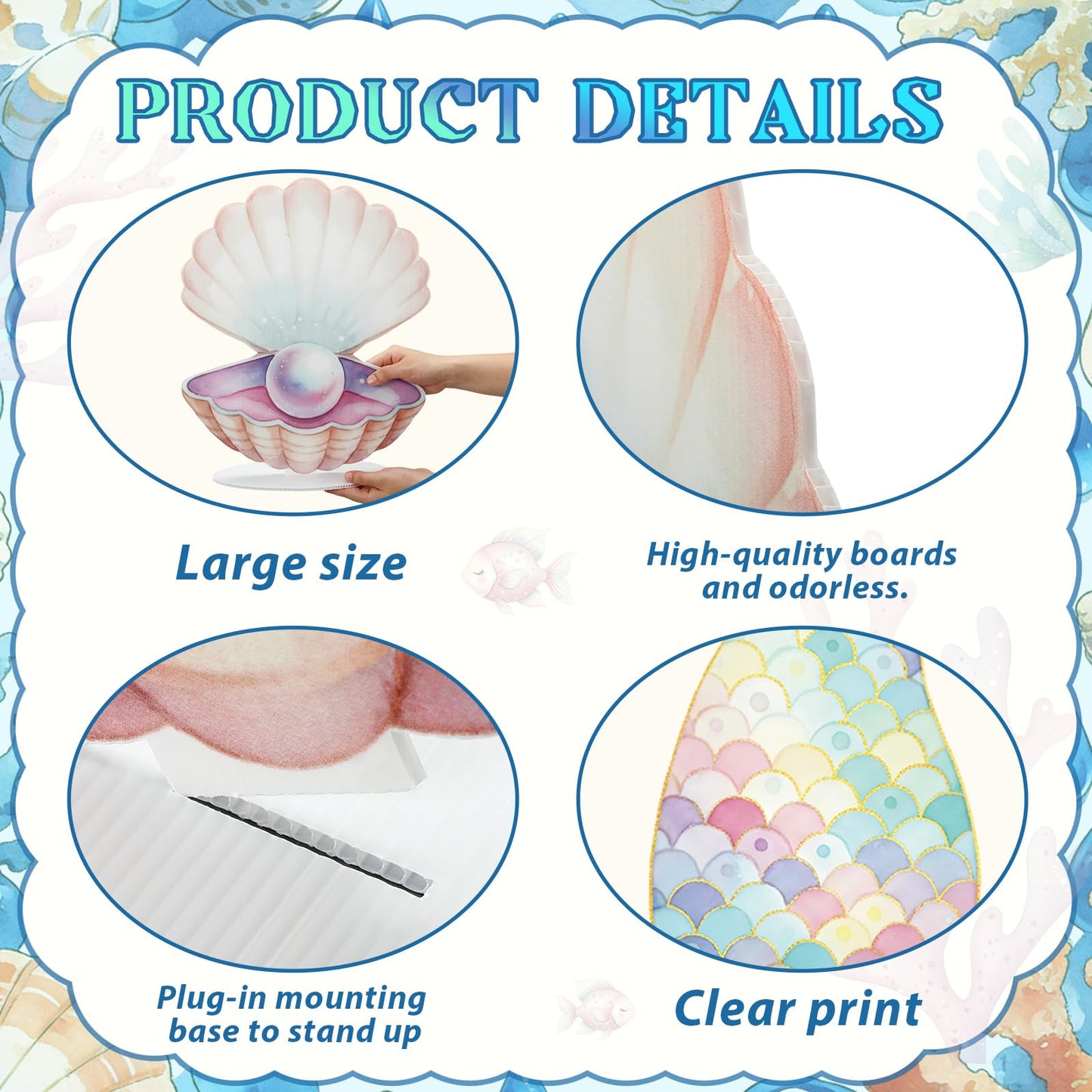 Novabright 4 Pcs Large Mermaid Birthday Decorations Mermaids Photo Booths Props Under The Sea Baby Shower Party Decoration Plastic Clam Shell, Coral, Stand Mermaid Tail Ocean Cutouts Party Decor